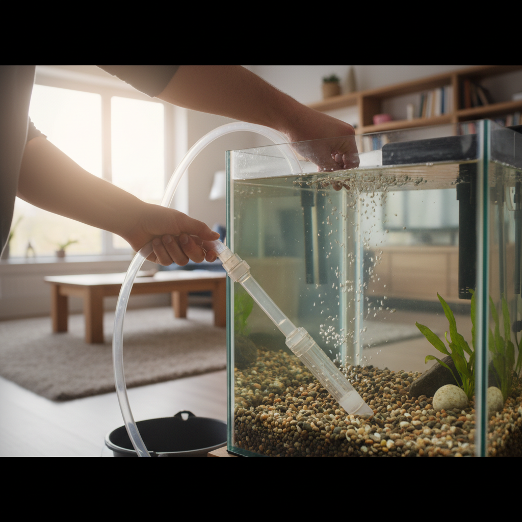 Aquarium gravel vacuum cleaning substrate during a partial water change