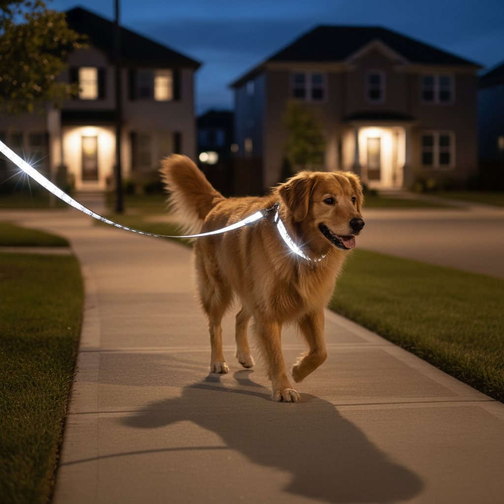 Dog wearing a reflective collar on a nighttime sidewalk walk