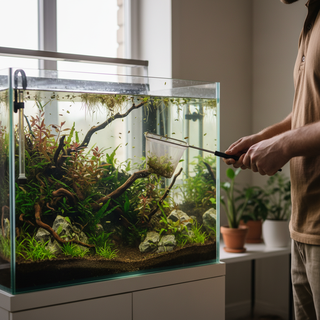Aquarist using a fine mesh net to collect plant trimmings and debris during tank maintenance