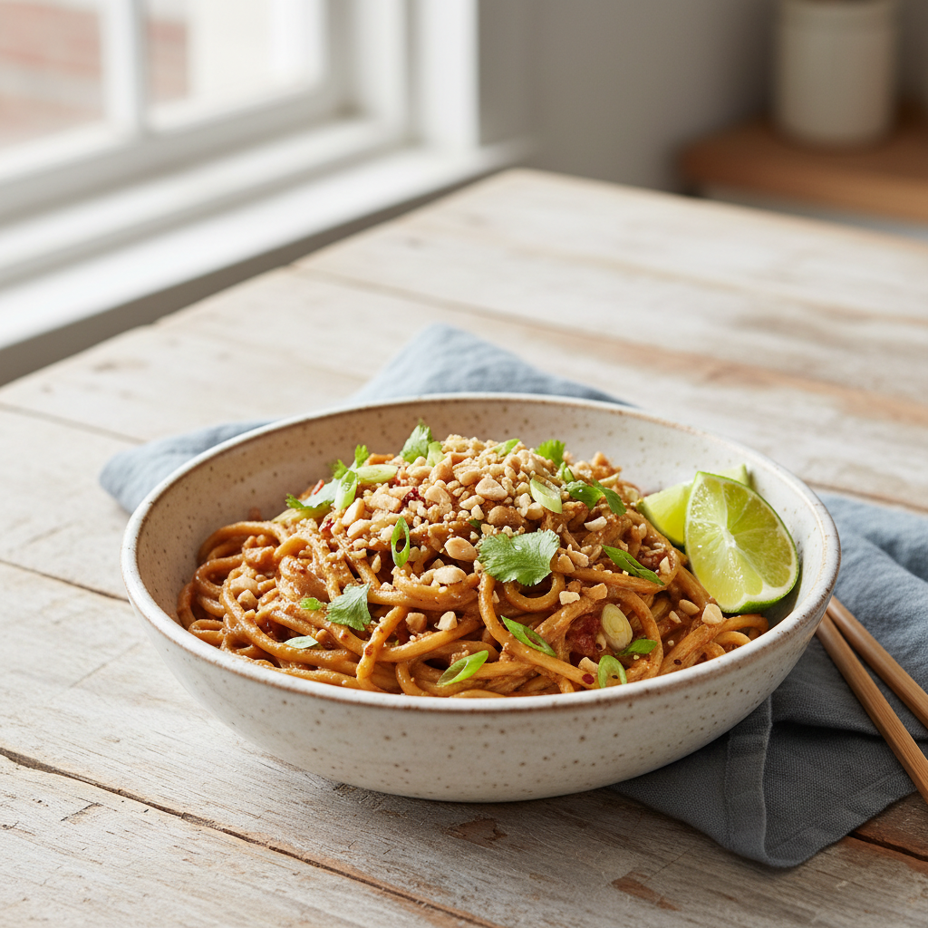 Peanut noodle bowl with crunchy peanuts and fresh herbs