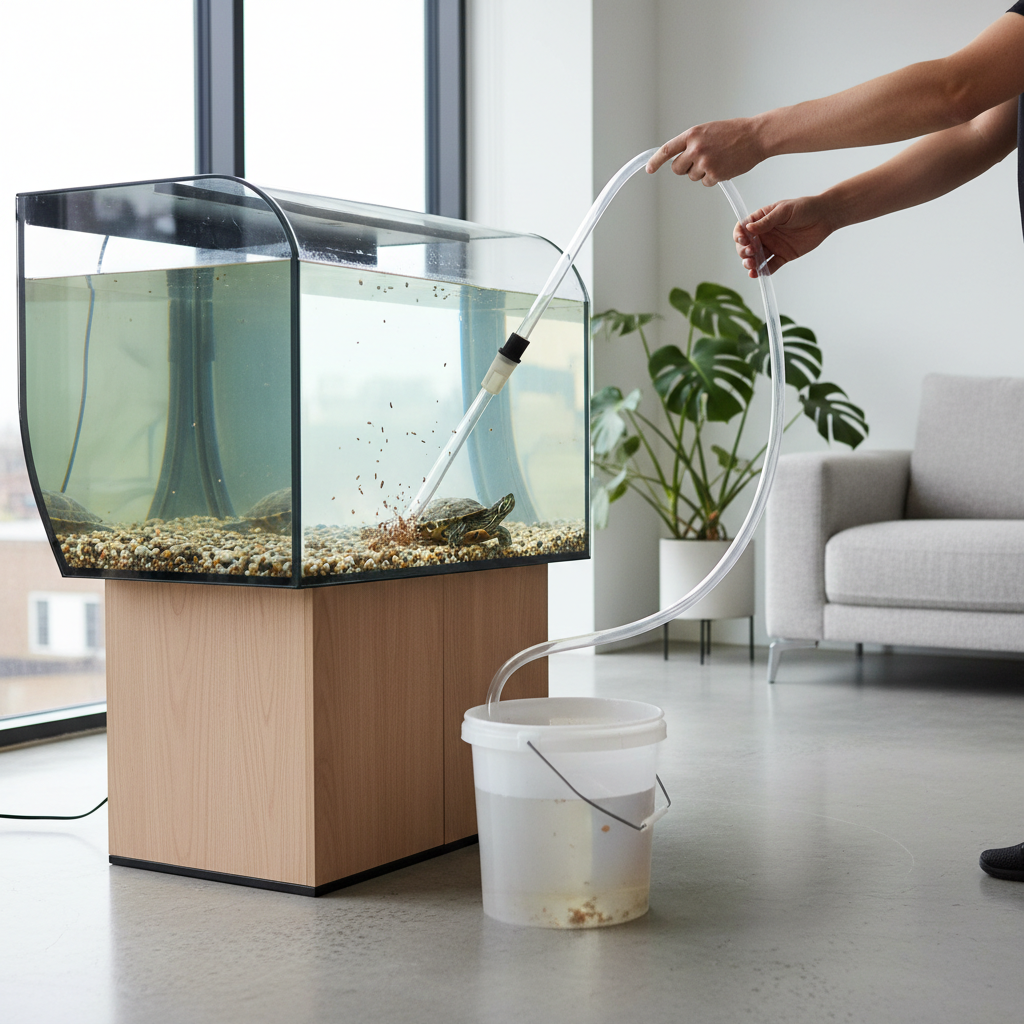 Using a siphon vacuum to remove waste from a turtle tank substrate