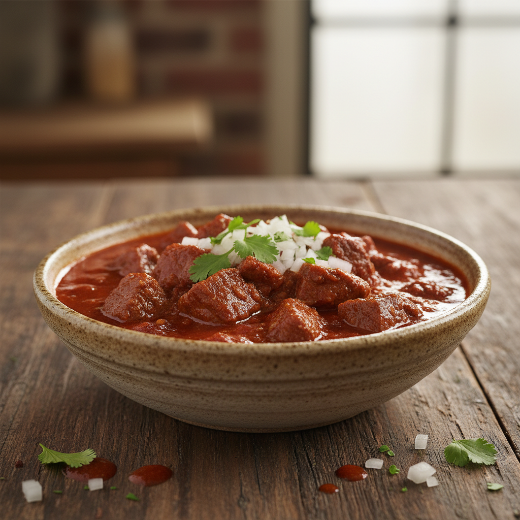 Bowl of Texas-style no-bean chili with rich red sauce and beef chunks