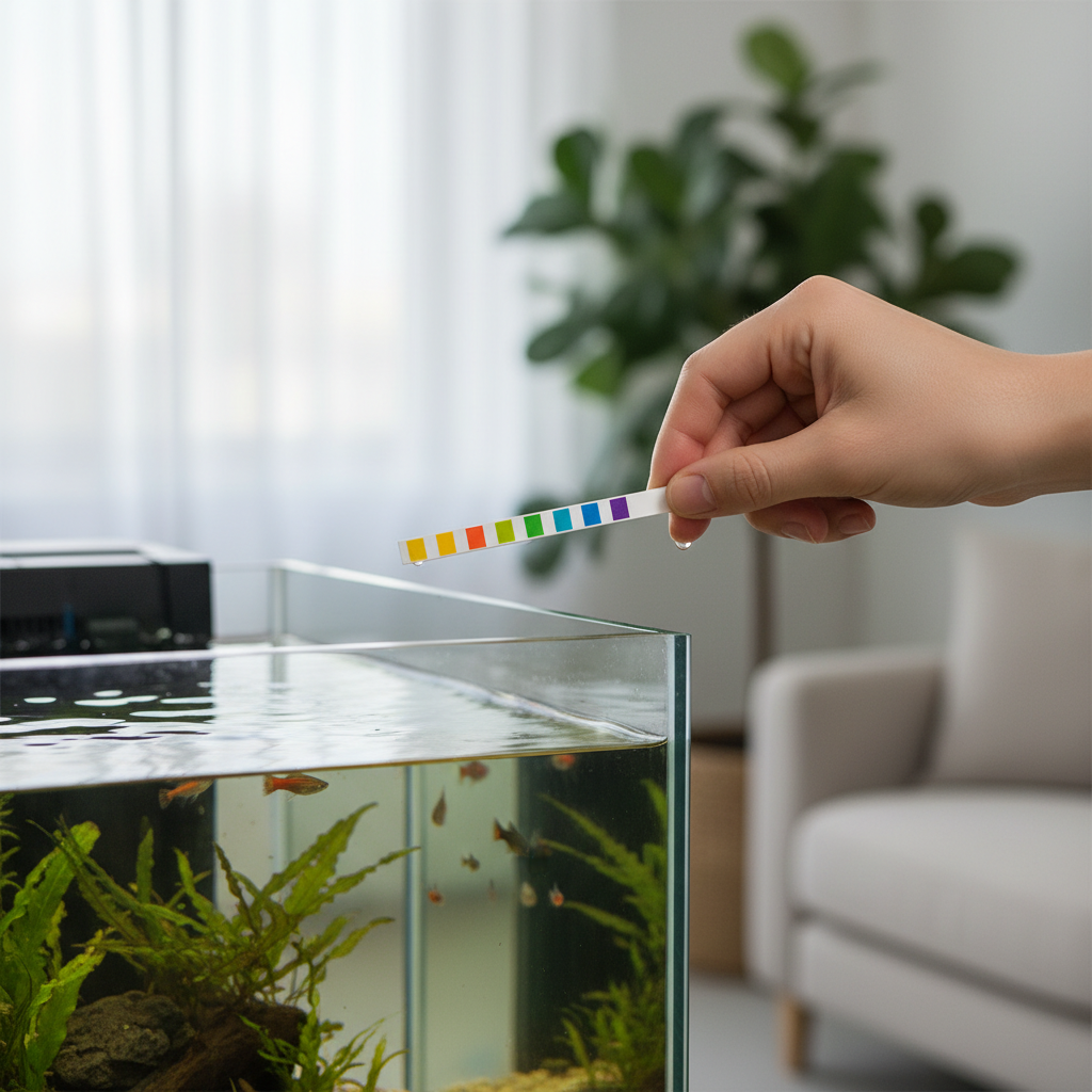 Aquarist using fish tank test strips to check aquarium water quality
