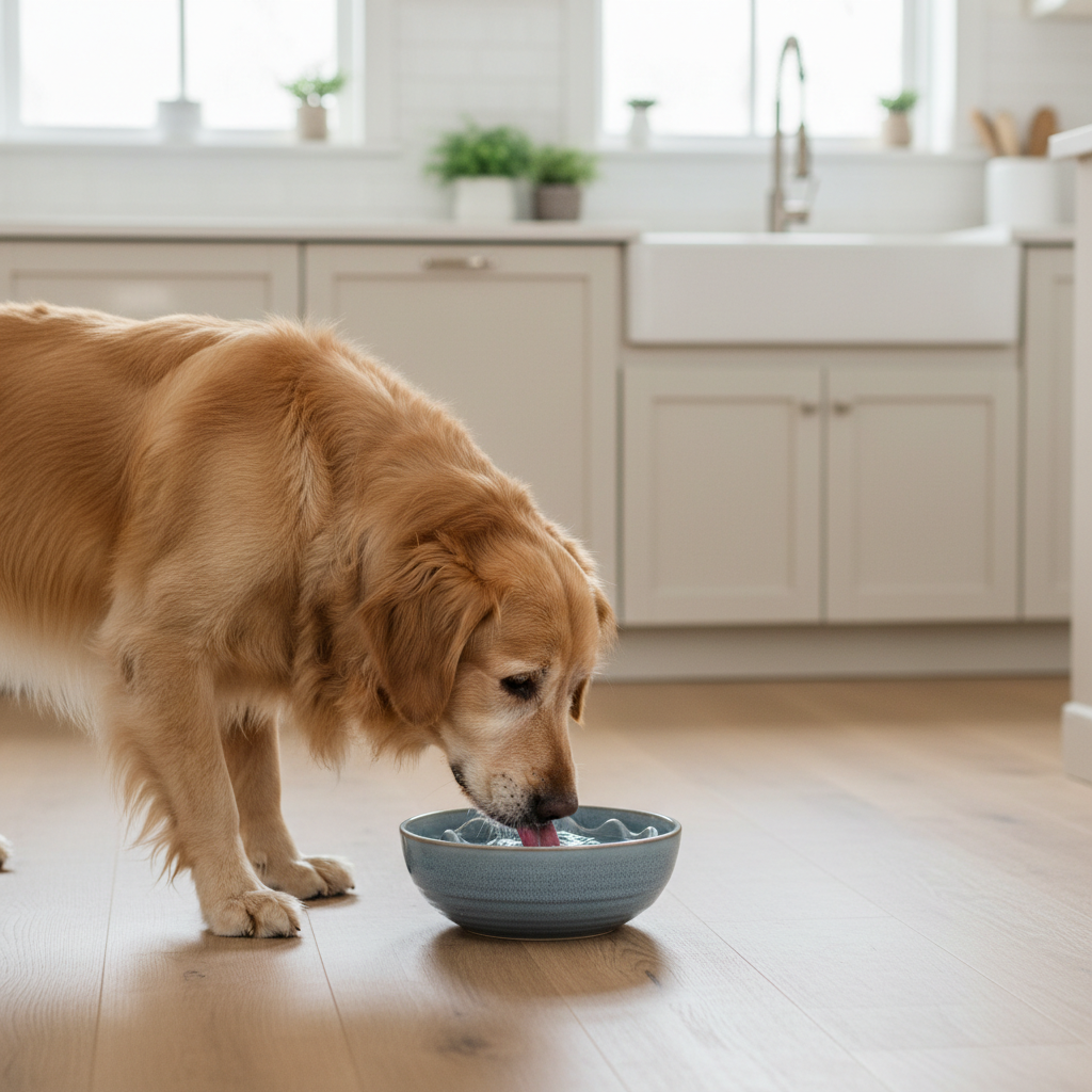 Senior dog drinking from a slow-drink water bowl at home