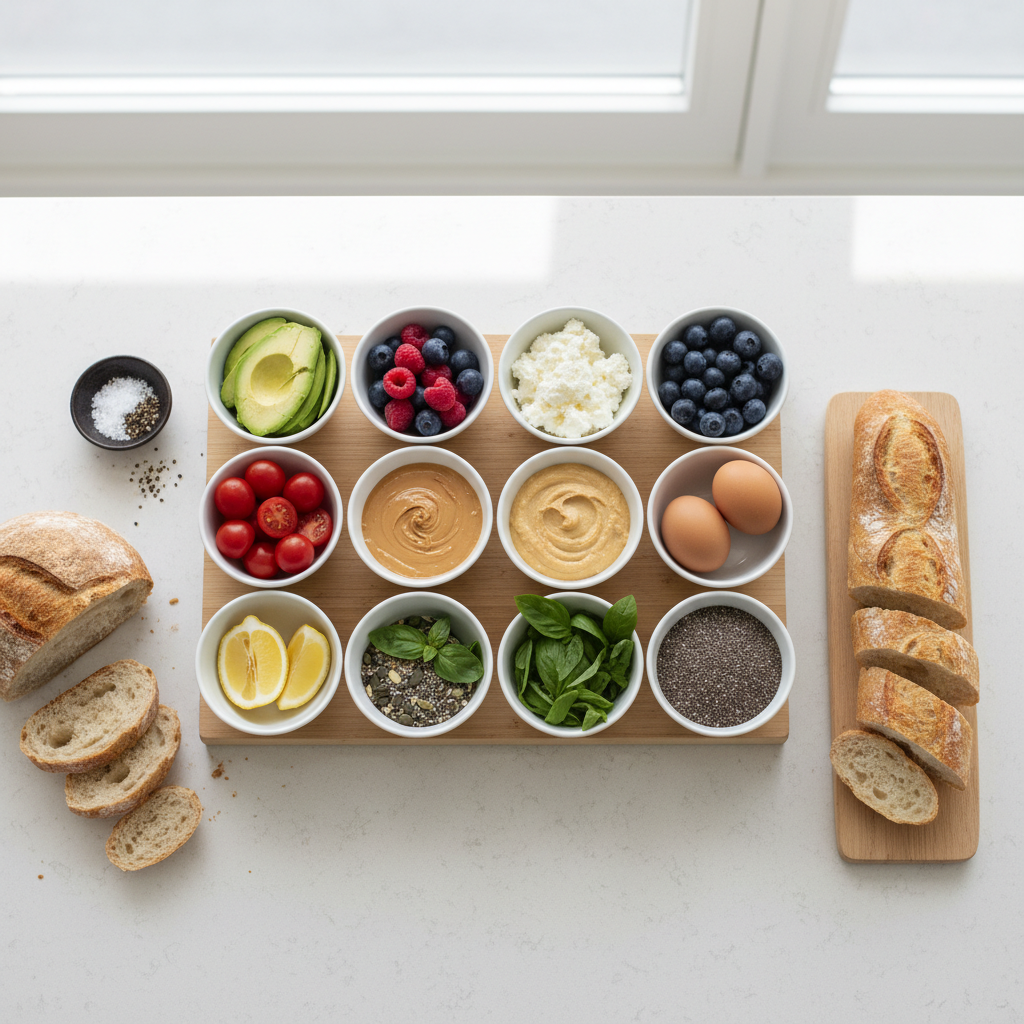 Simple breakfast toast ingredients laid out for mix-and-match topping combinations