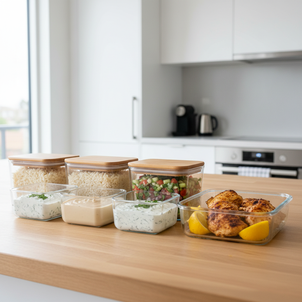 Middle Eastern meal prep components in containers: rice, chopped salad, sauces, and roasted chicken