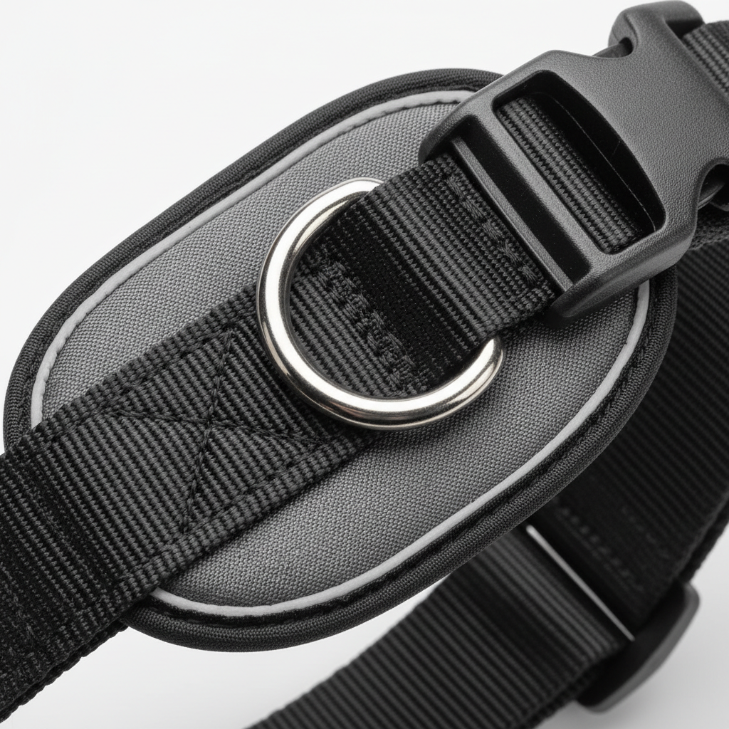 Close-up of adjustable straps and stitching on a dog car harness