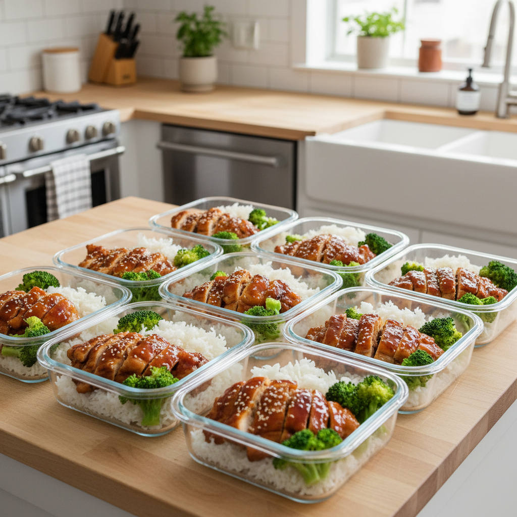 Meal prep containers with teriyaki chicken rice and vegetables for easy teriyaki recipes