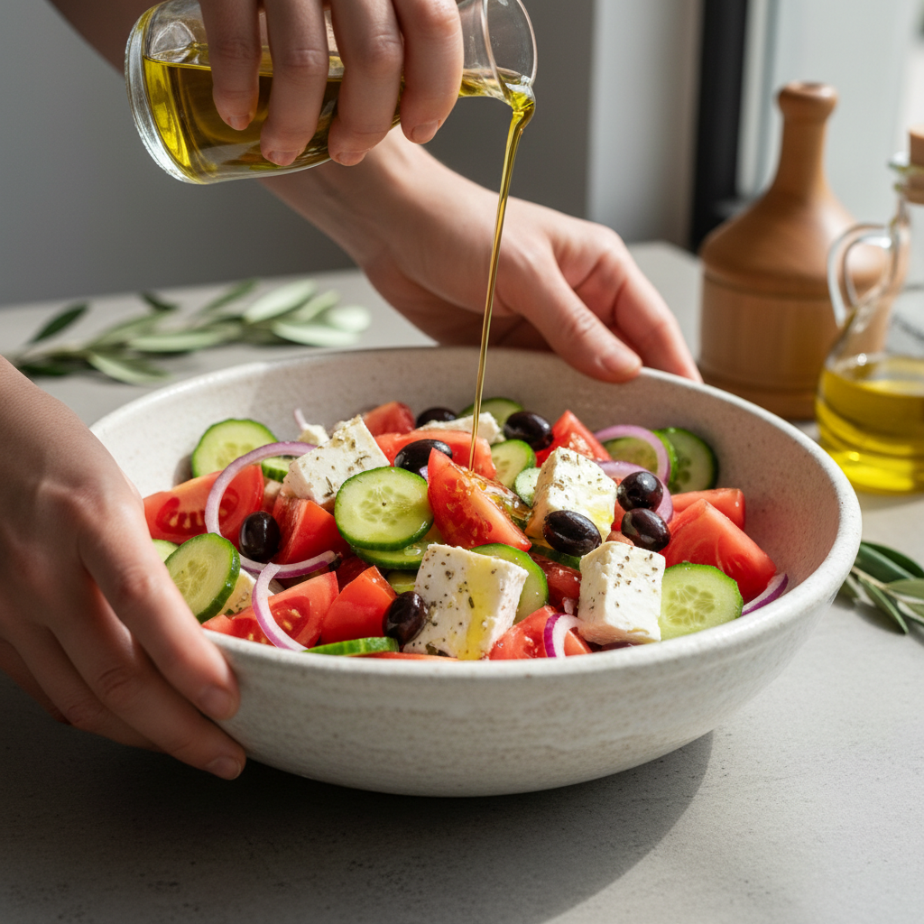 Freshly chopped vegetables and feta being tossed in a bowl for Greek salad