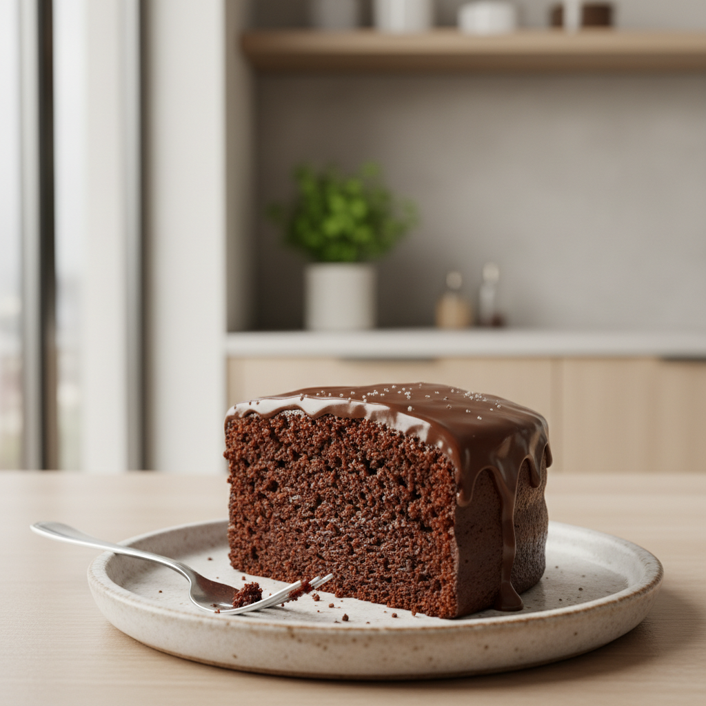 Moist chocolate cake slice with glossy chocolate frosting on a plate