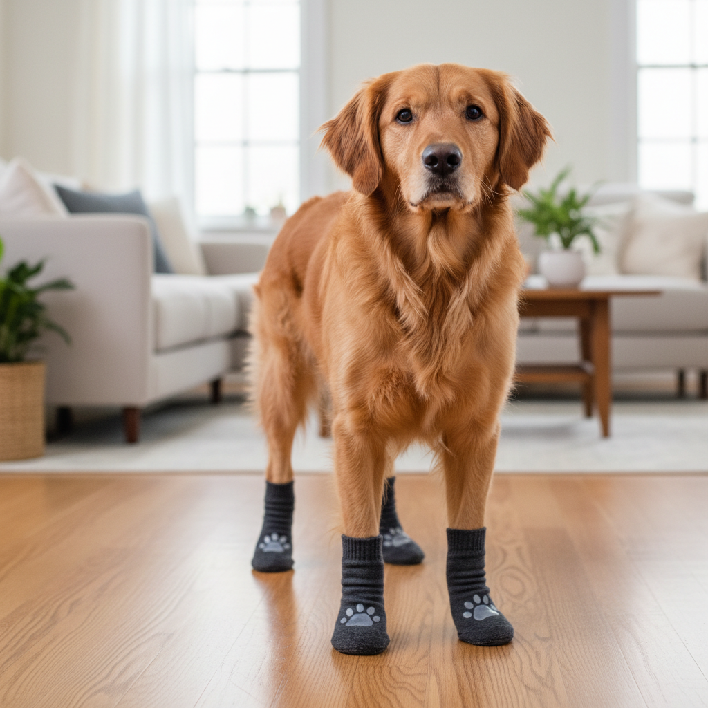 Dog wearing grip boot socks standing on indoor hardwood floor