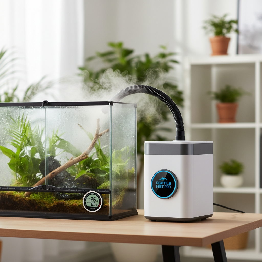 Adjustable reptile fogger connected to a terrarium with hygrometer