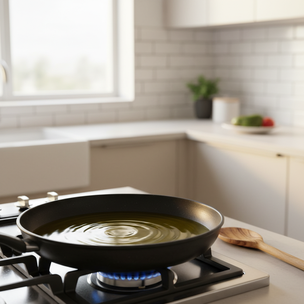 Olive oil heating in skillet at medium heat without smoking