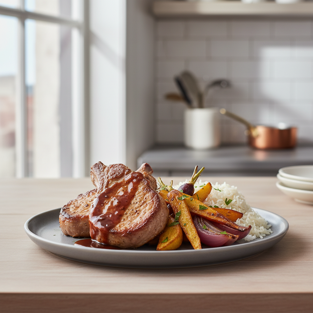 Finished quick pork dinner with chops, pan sauce, and simple sides