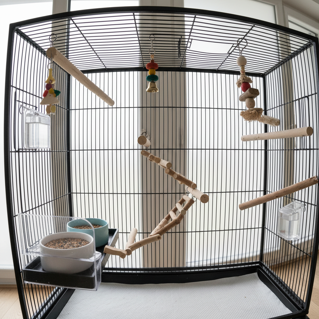 Bird cage perch layout showing correct placement away from food and droppings