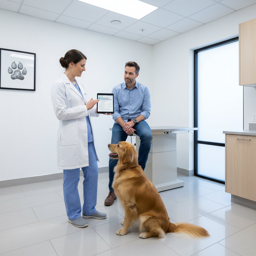 Veterinarian consulting with dog owner about separation anxiety plan