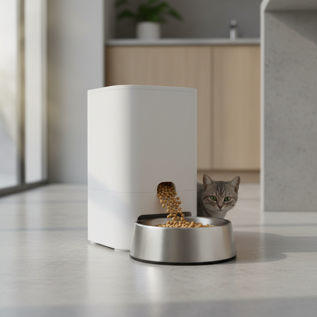 Timed automatic cat feeder dispensing dry food into a bowl in a home kitchen