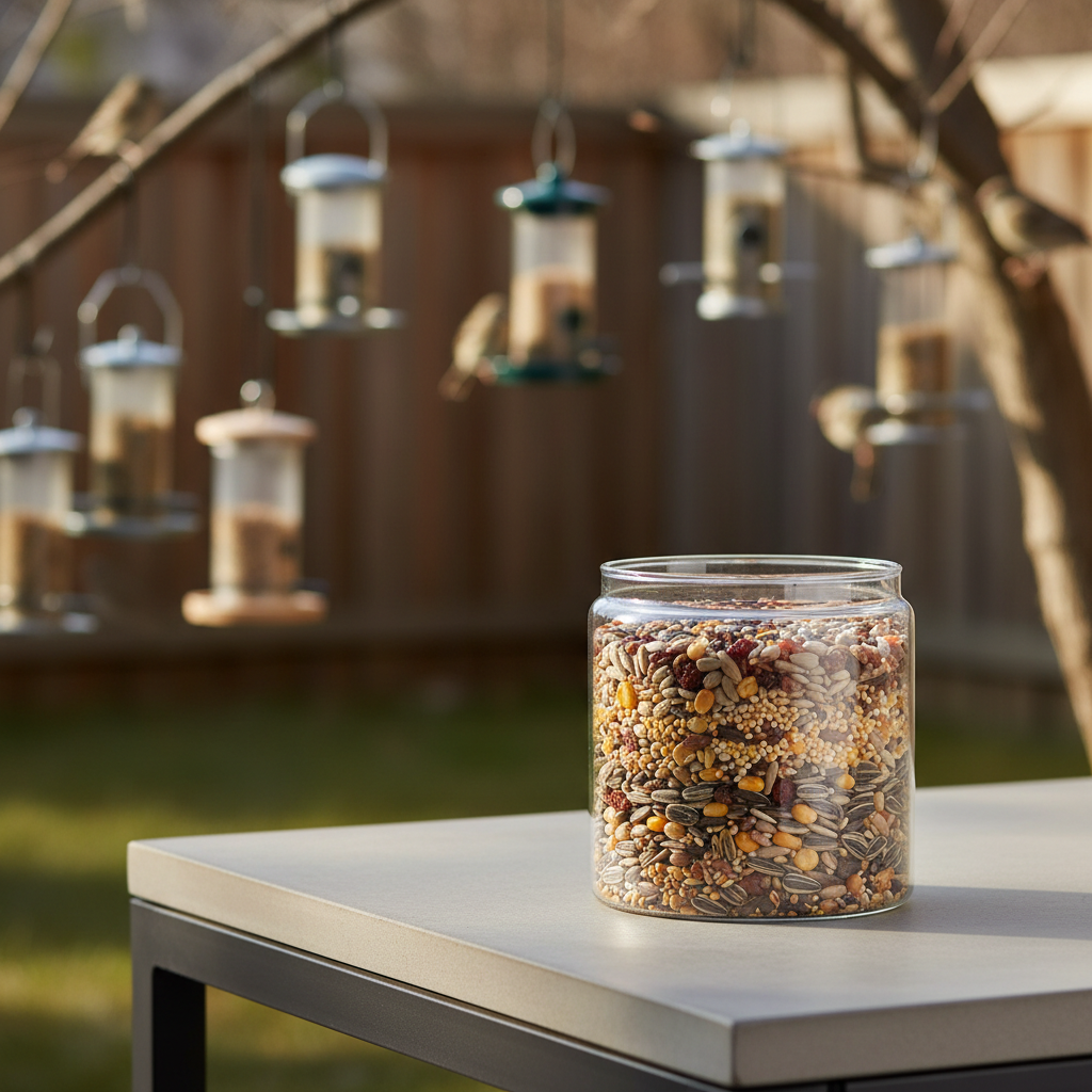 Fresh bird seed mix in a clear container next to backyard bird feeders