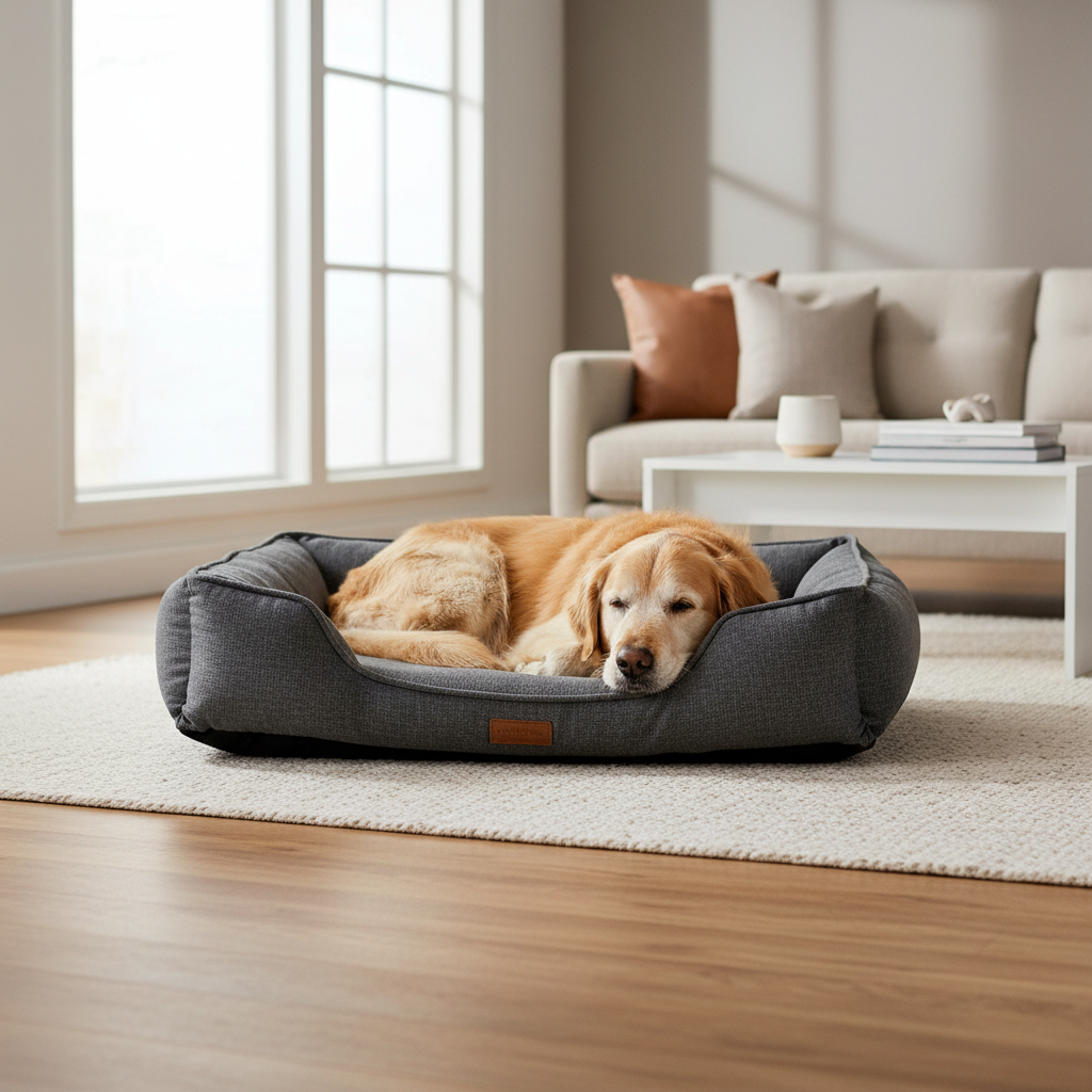 Senior dog resting on an orthopedic bed with raised sides