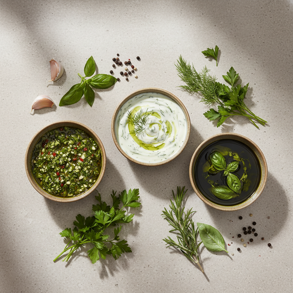Small bowls of herb sauces like chimichurri and dill yogurt on a kitchen counter