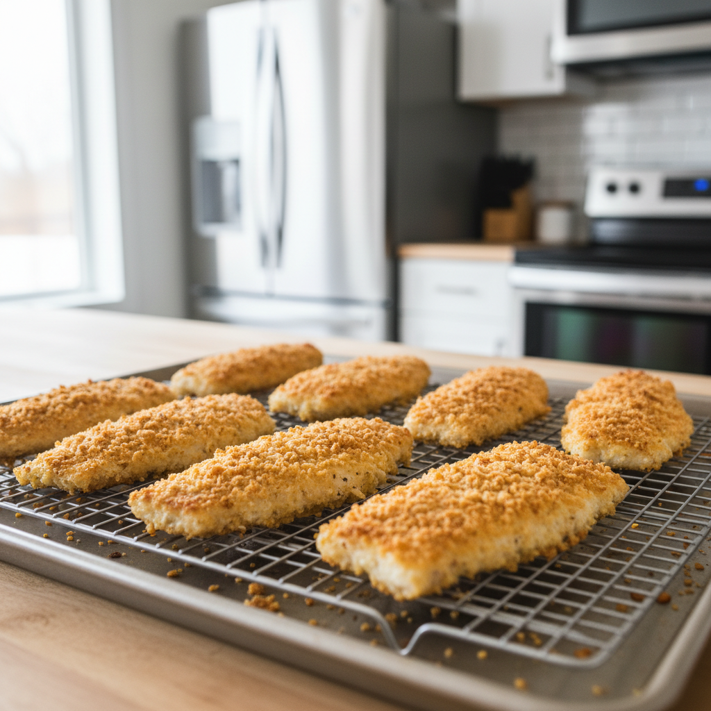Crispy baked panko fish on a wire rack sheet pan