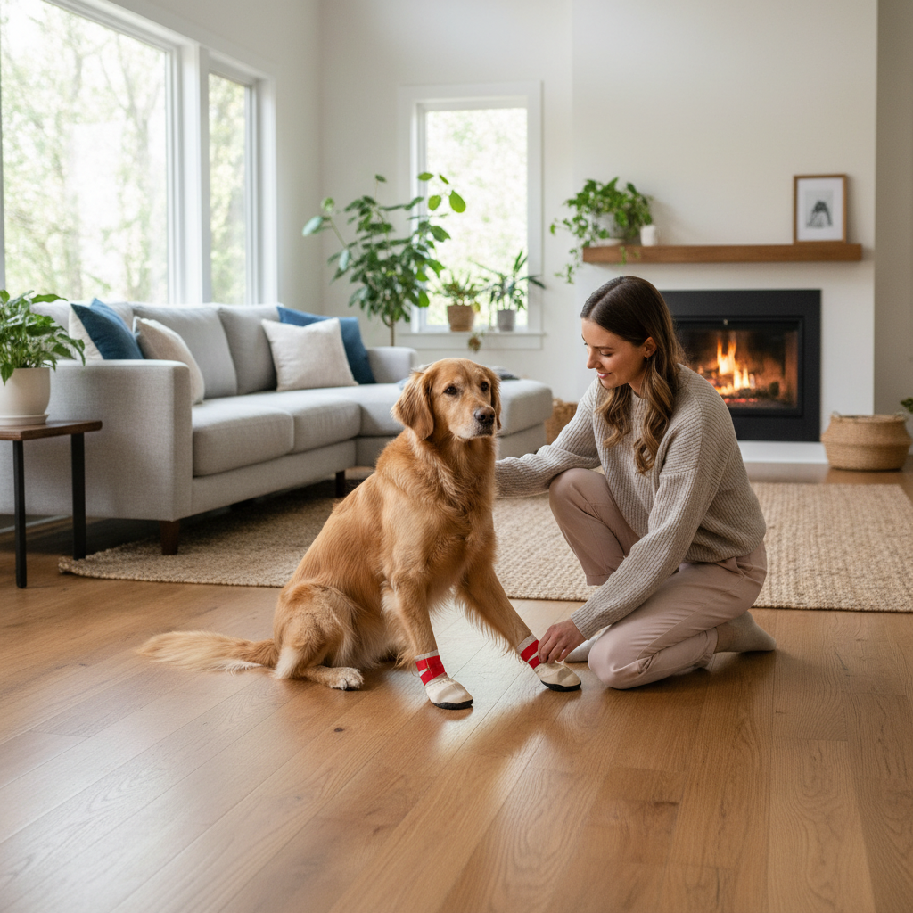 Pet owner gently fitting dog boot socks with adjustable straps indoors