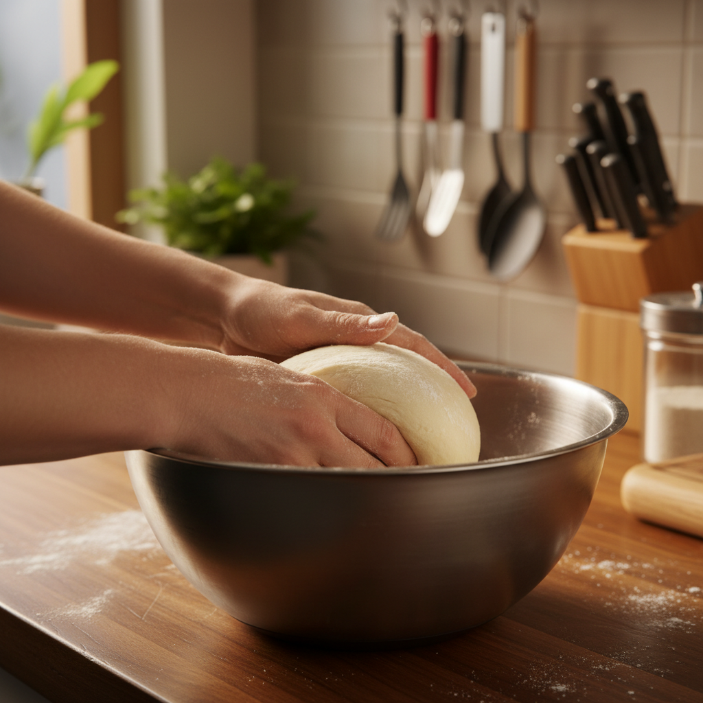 Pizza dough after kneading in a mixing bowl, smooth and elastic