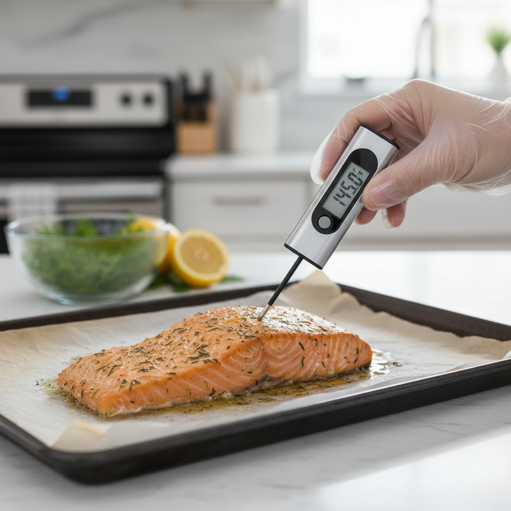 Checking salmon internal temperature with a digital thermometer