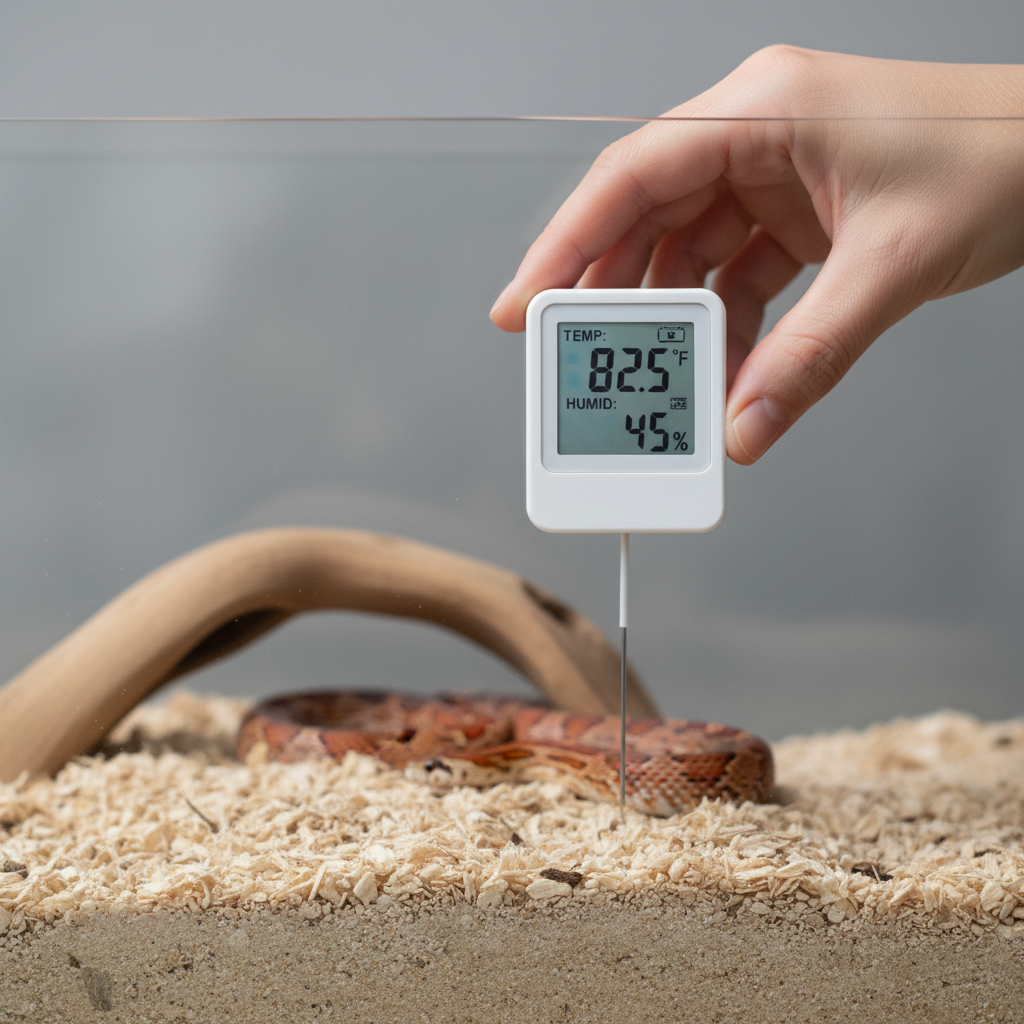 Hands using a digital hygrometer in a snake tank to check moisture levels