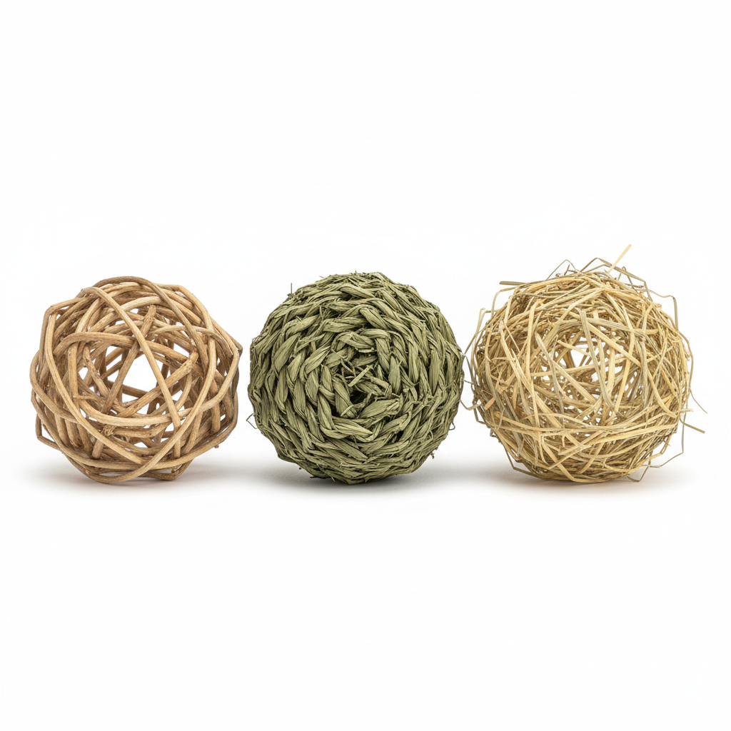 Comparison of common rabbit chew ball materials: willow, seagrass, woven hay