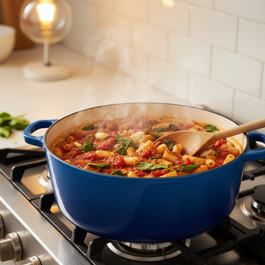 One-pot stovetop pasta simmering in a Dutch oven with steam and wooden spoon