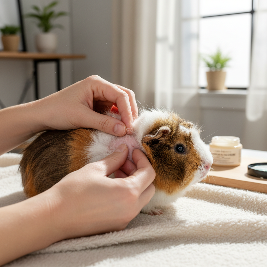Owner gently parting guinea pig fur to check skin for flakes and irritation
