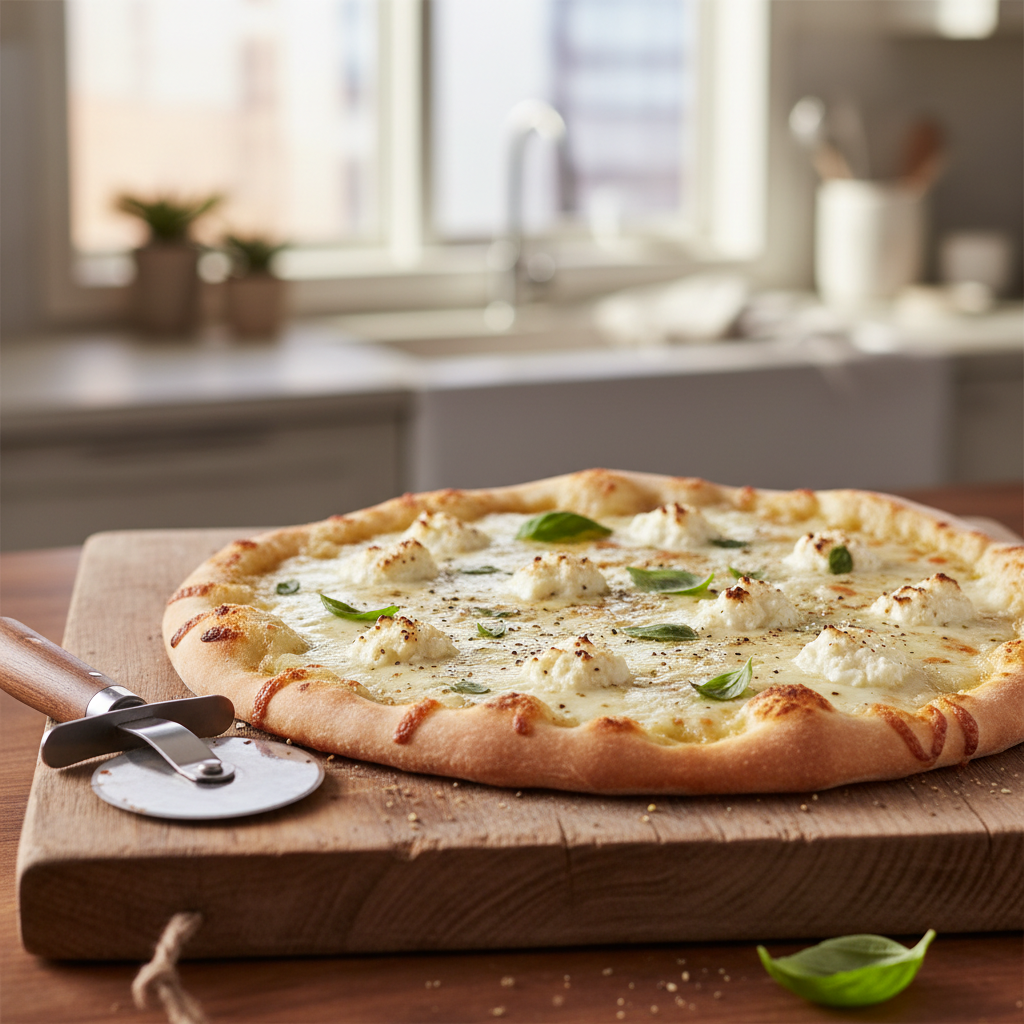 White pizza with creamy garlic sauce and mozzarella on a wooden board