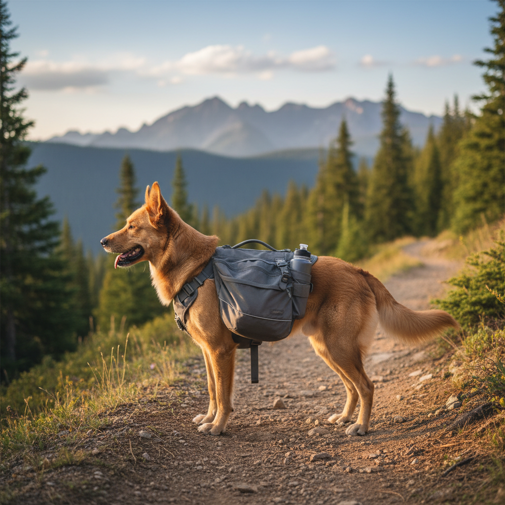 Dog wearing a backpack harness on a mountain hiking trail