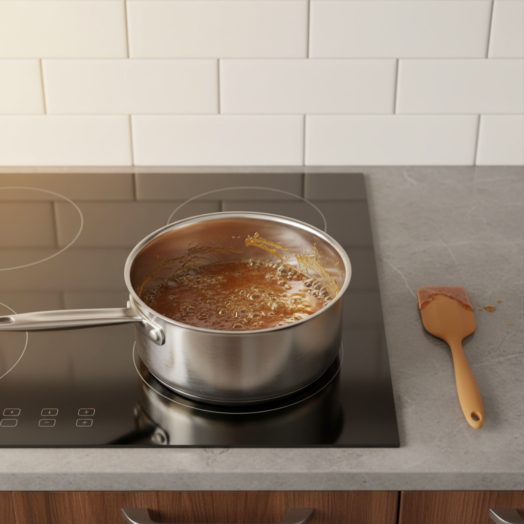 Saucepan with bubbling sugar syrup turning amber for homemade caramel