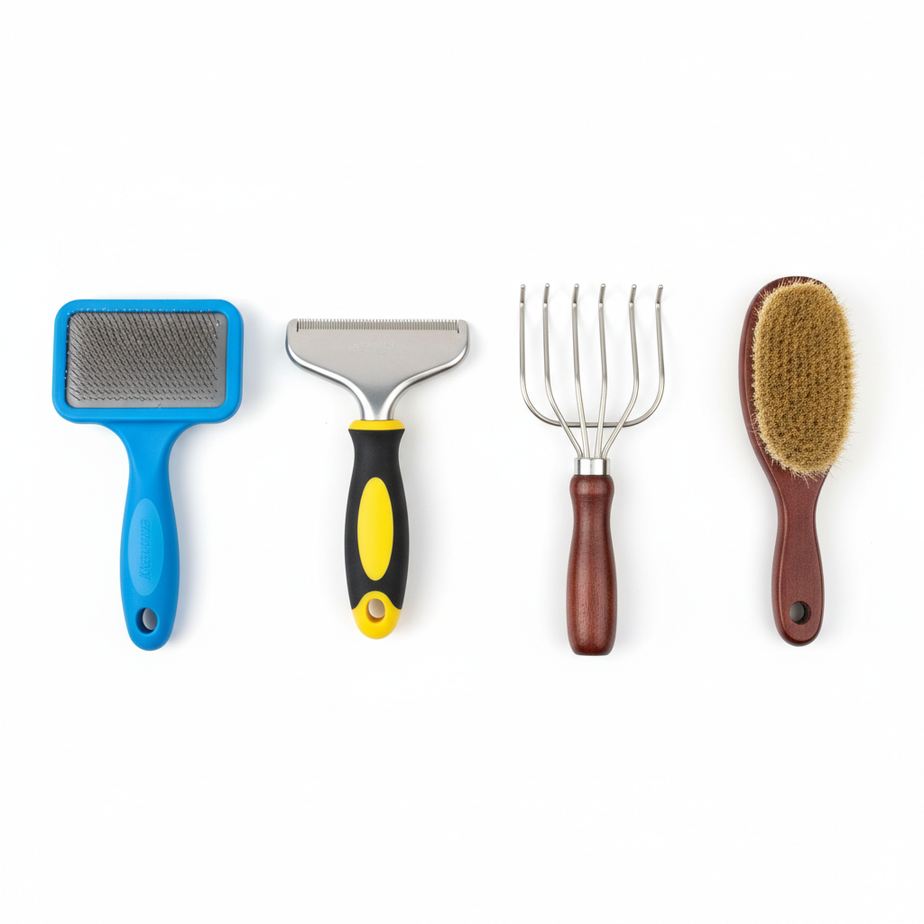 Comparison of common pet grooming brushes for shedding: slicker, deshedding tool, rake, bristle brush