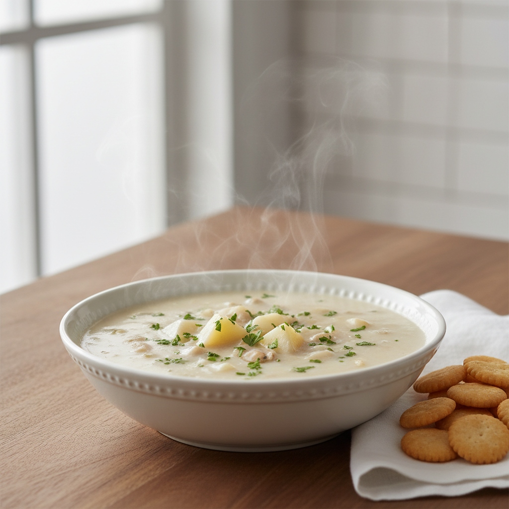 Creamy clam chowder in a white bowl with herbs and crackers