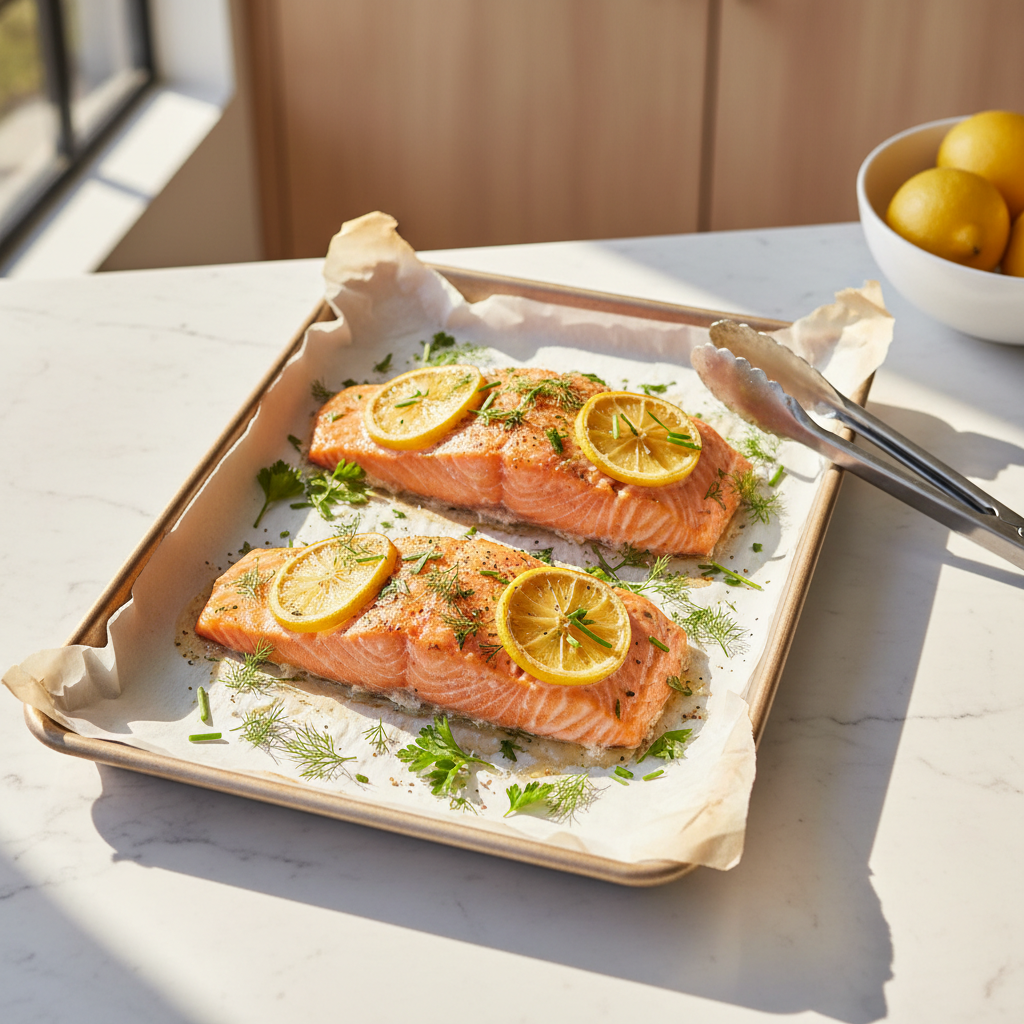 Lemon baked salmon on a sheet pan with herbs and sliced lemons
