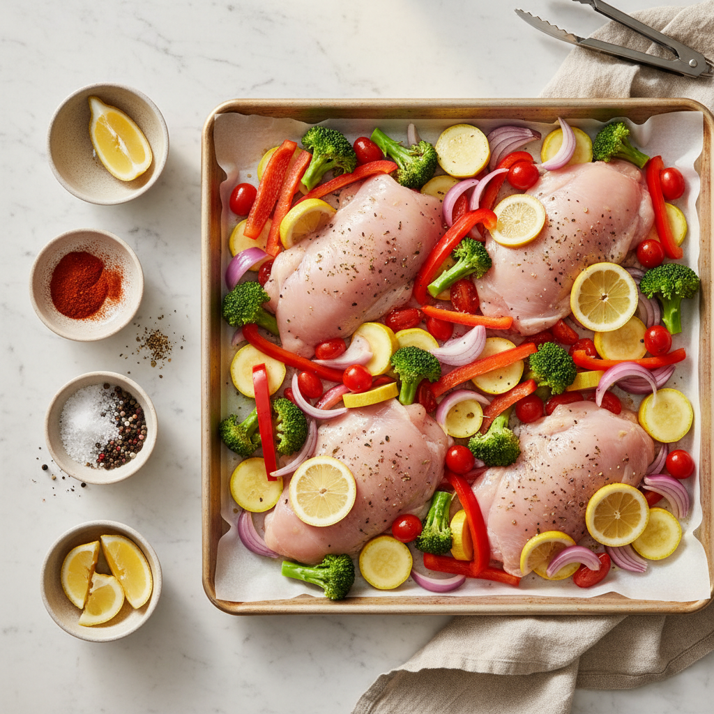 Sheet-pan dinner setup with seasoned vegetables and protein ready to roast