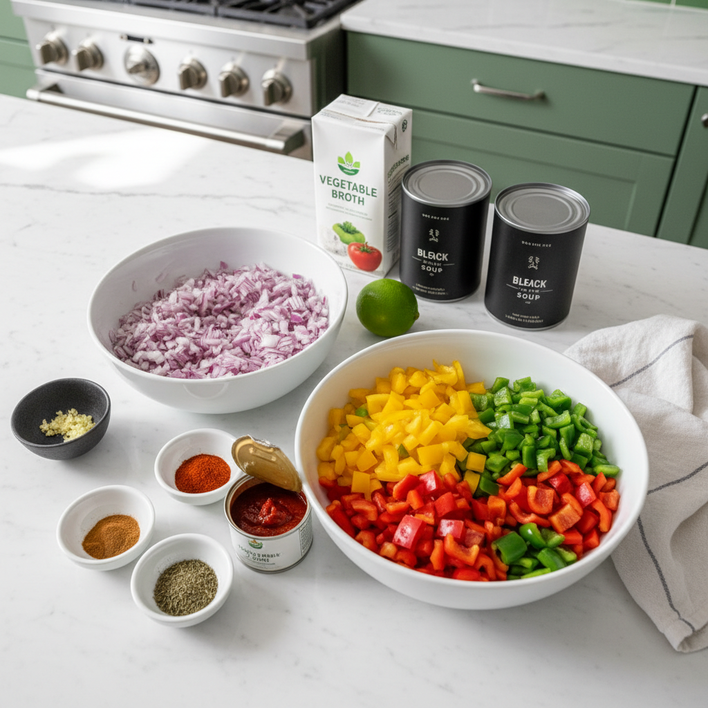 Black bean soup ingredients prepped on a kitchen counter
