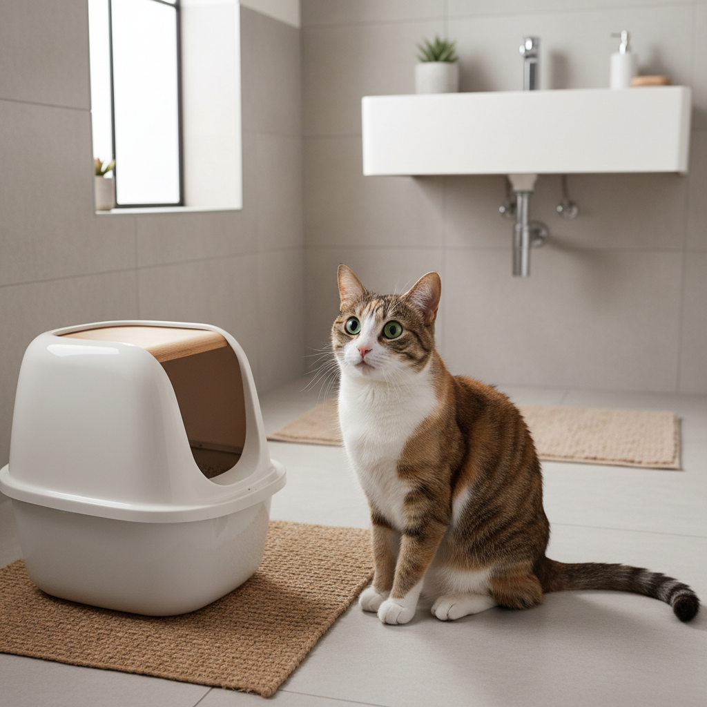 Indoor cat near a litter box showing early constipation concern
