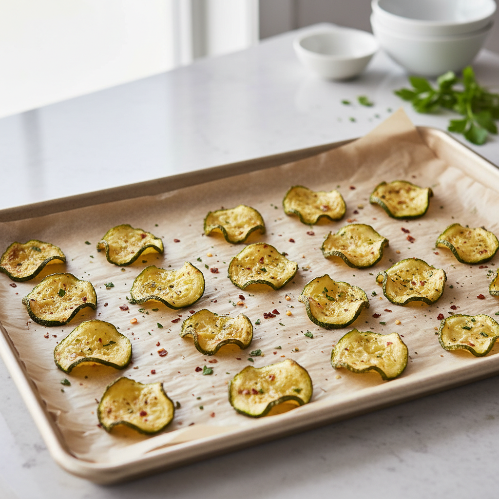 Crispy baked zucchini chips on a parchment-lined baking sheet