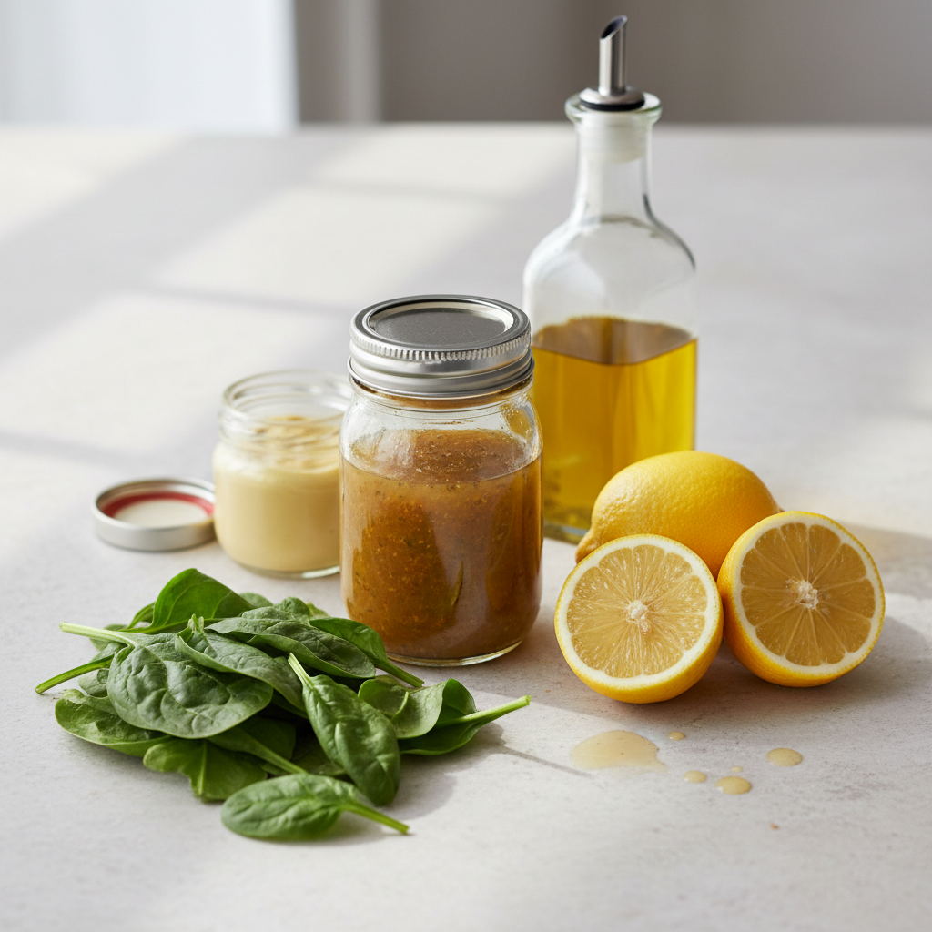 Homemade vinaigrette in a glass jar next to fresh spinach and lemons