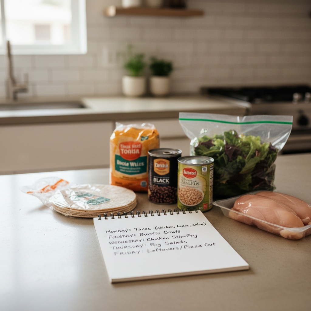 Simple weeknight meal plan written on a kitchen notepad next to groceries