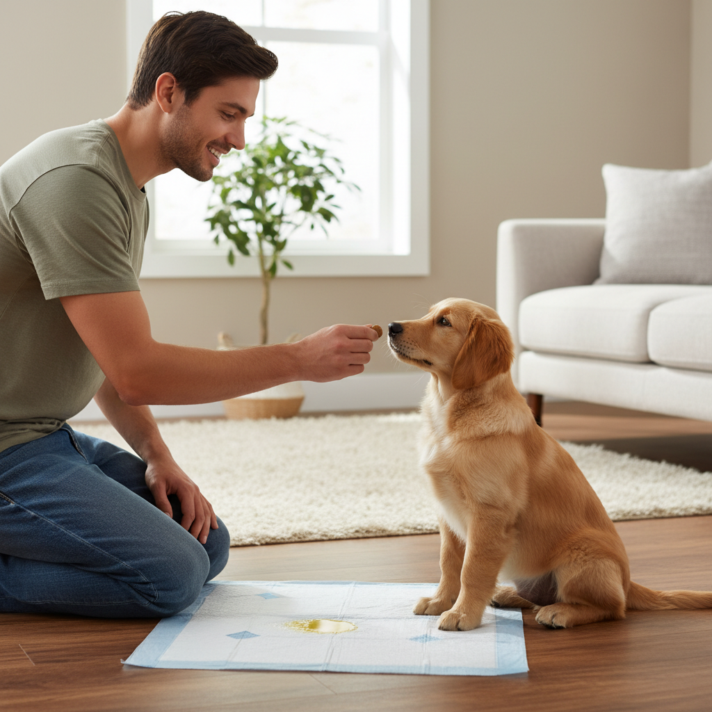 Owner rewarding puppy after using potty training pad with attractant