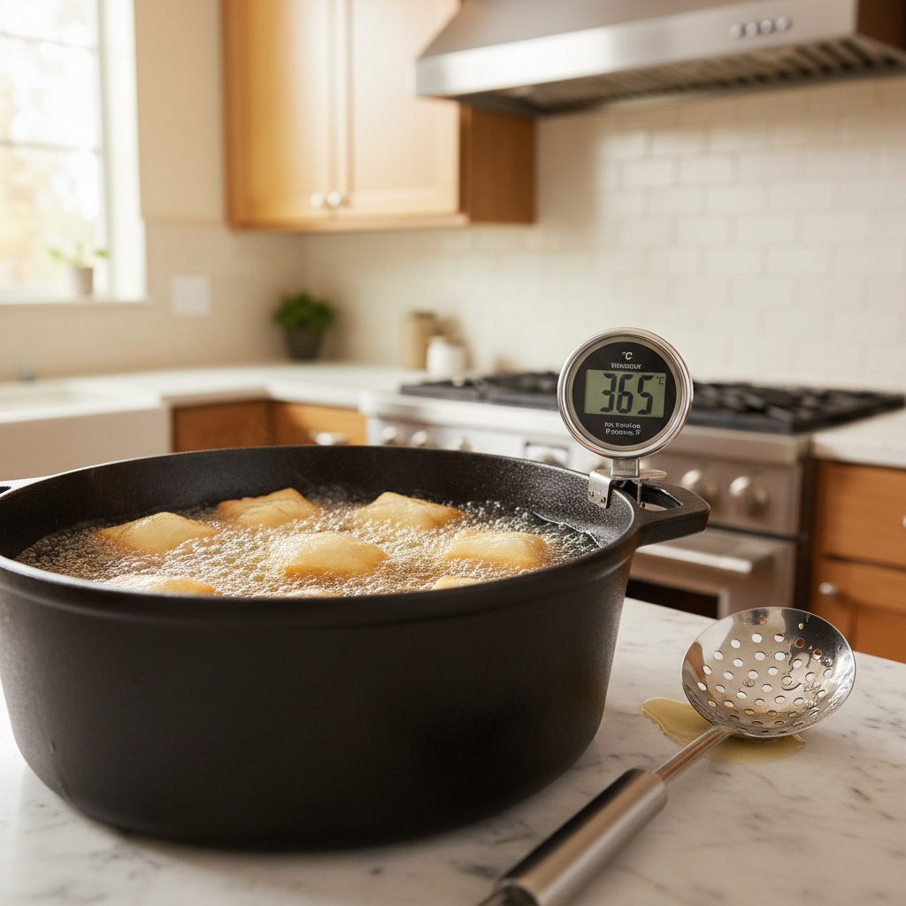 Beignets frying in a Dutch oven with a thermometer showing proper oil temperature