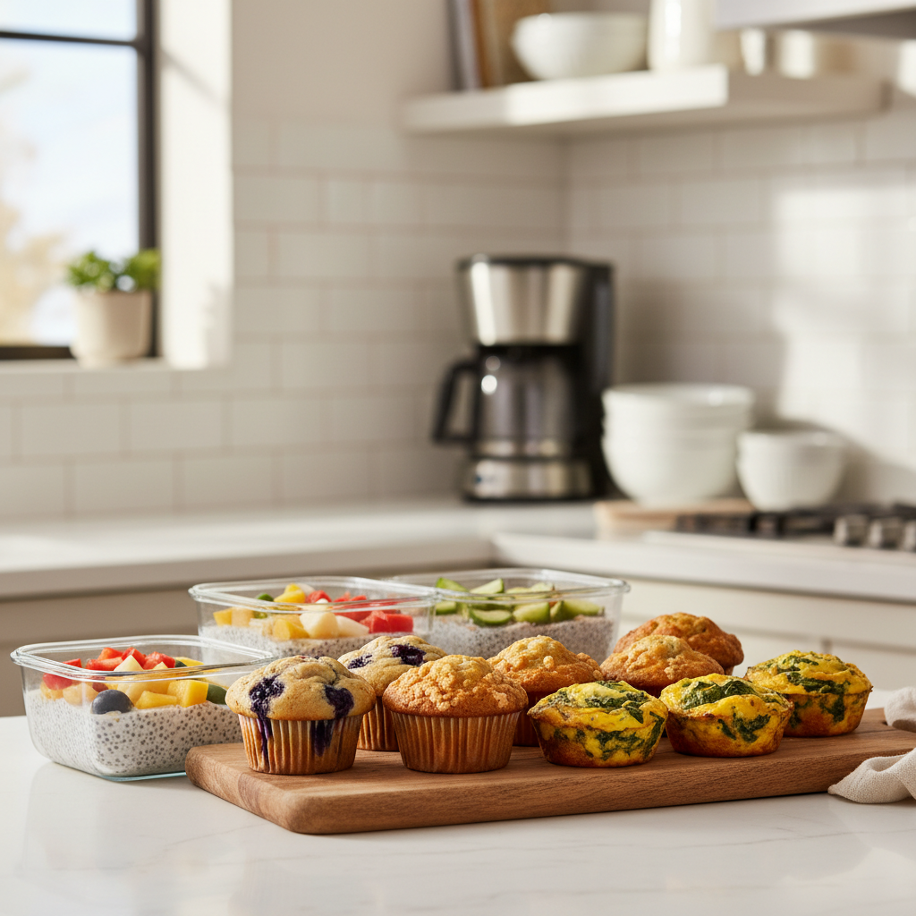 Assorted breakfast muffins on a kitchen counter for meal prep