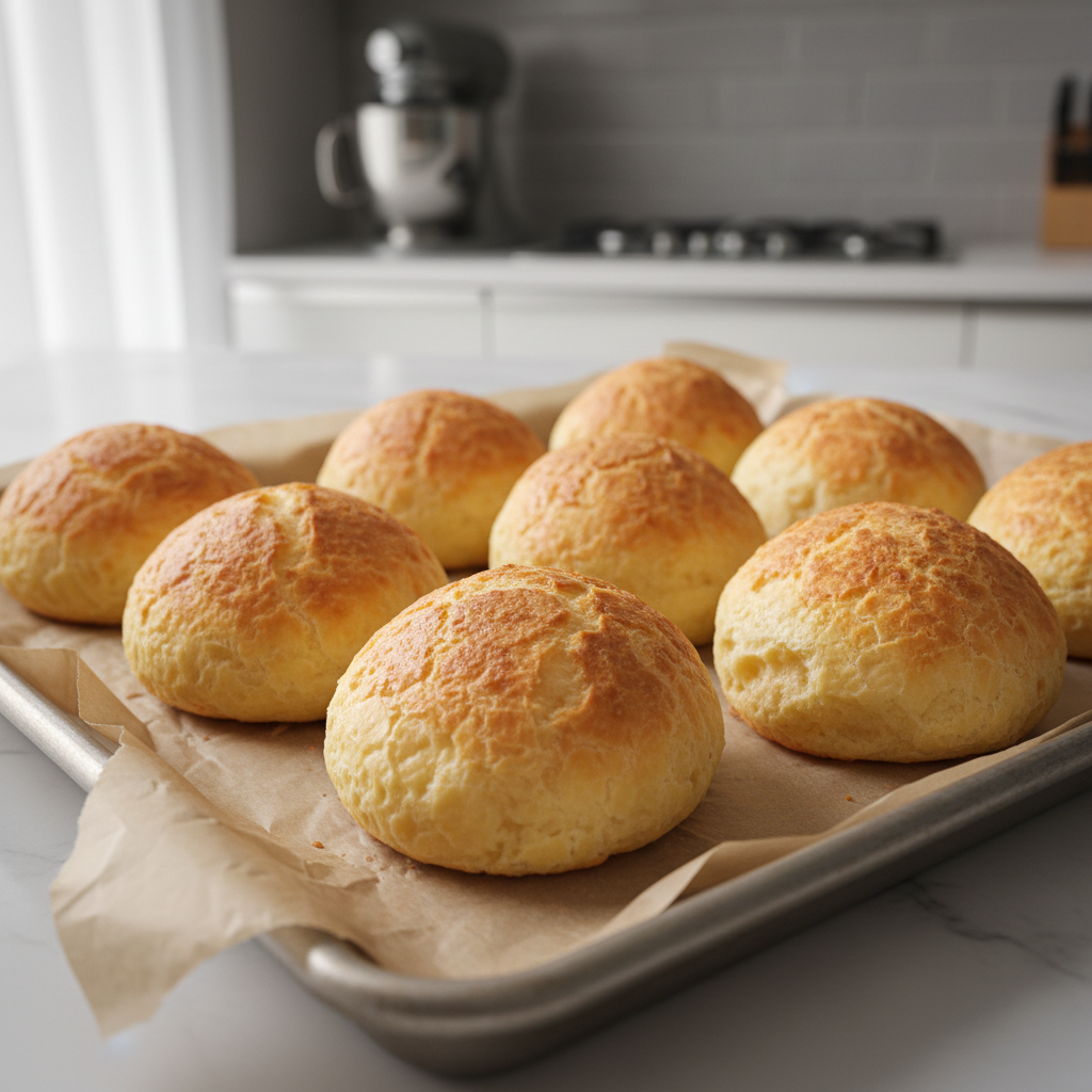 Freshly baked Brazilian cheese bread (Pao de Queijo) on a baking tray