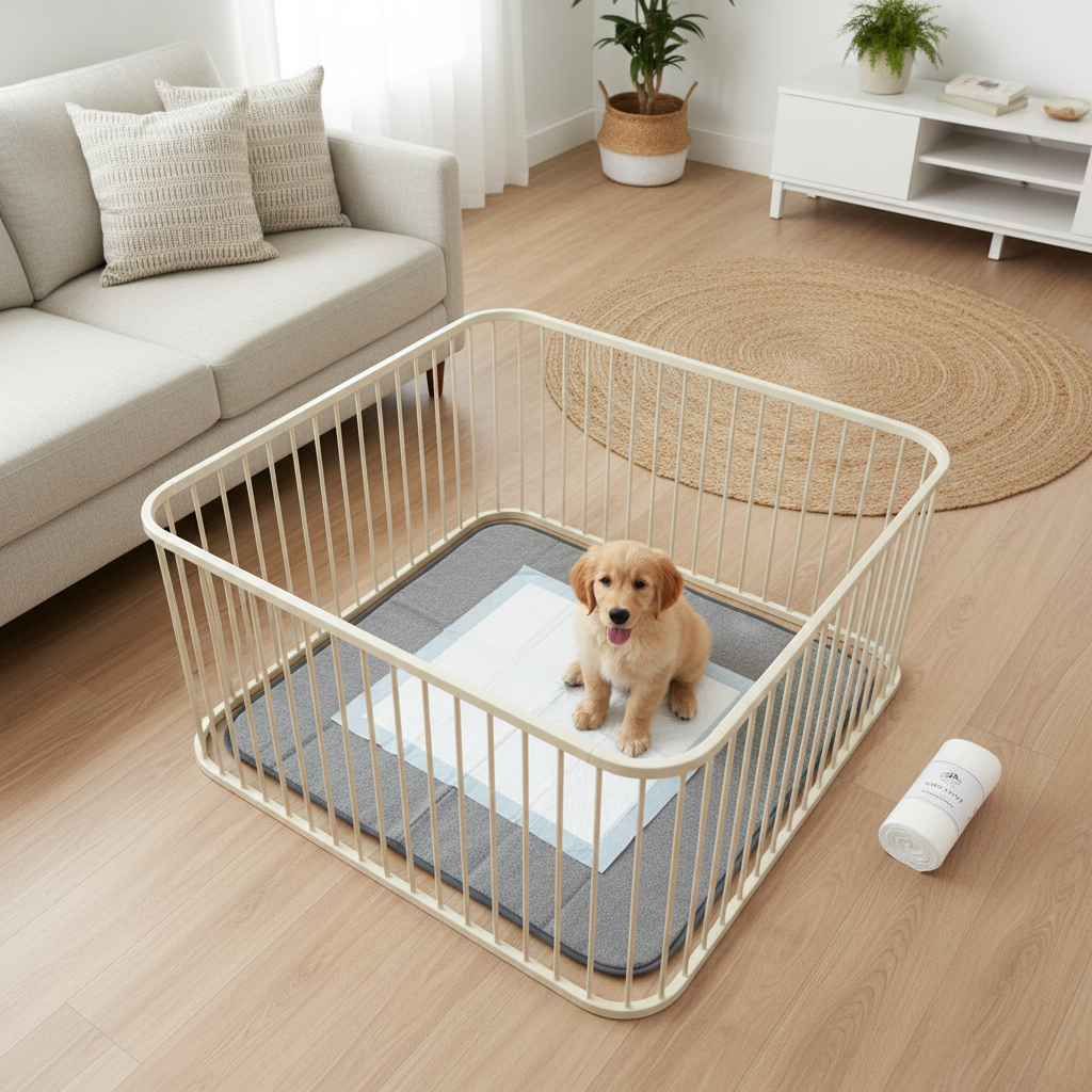 Apartment puppy potty training setup with pad holder and gated area
