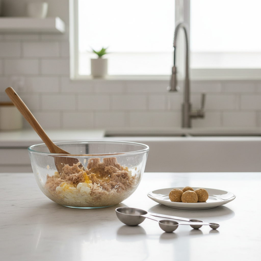 No-bake homemade cat treats made from tuna and egg in a small mixing bowl